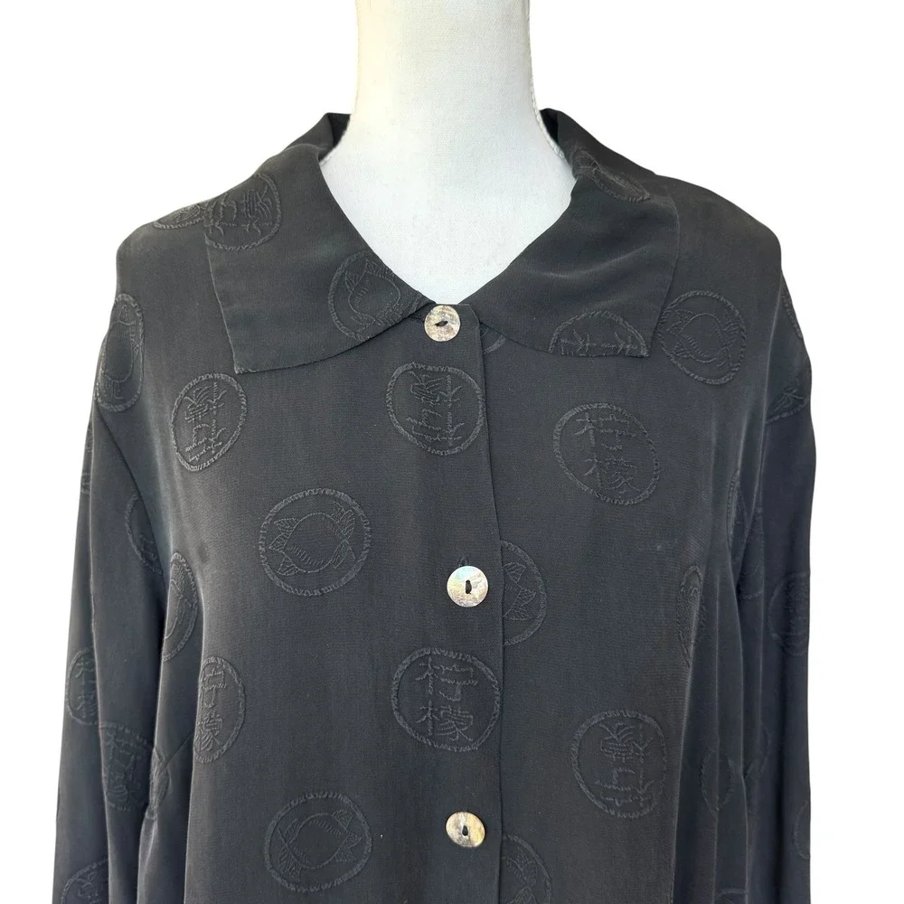 Citron Santa Monica Black 100% Silk Jacquard Medallion Tunic Blouse Plus Size 2X